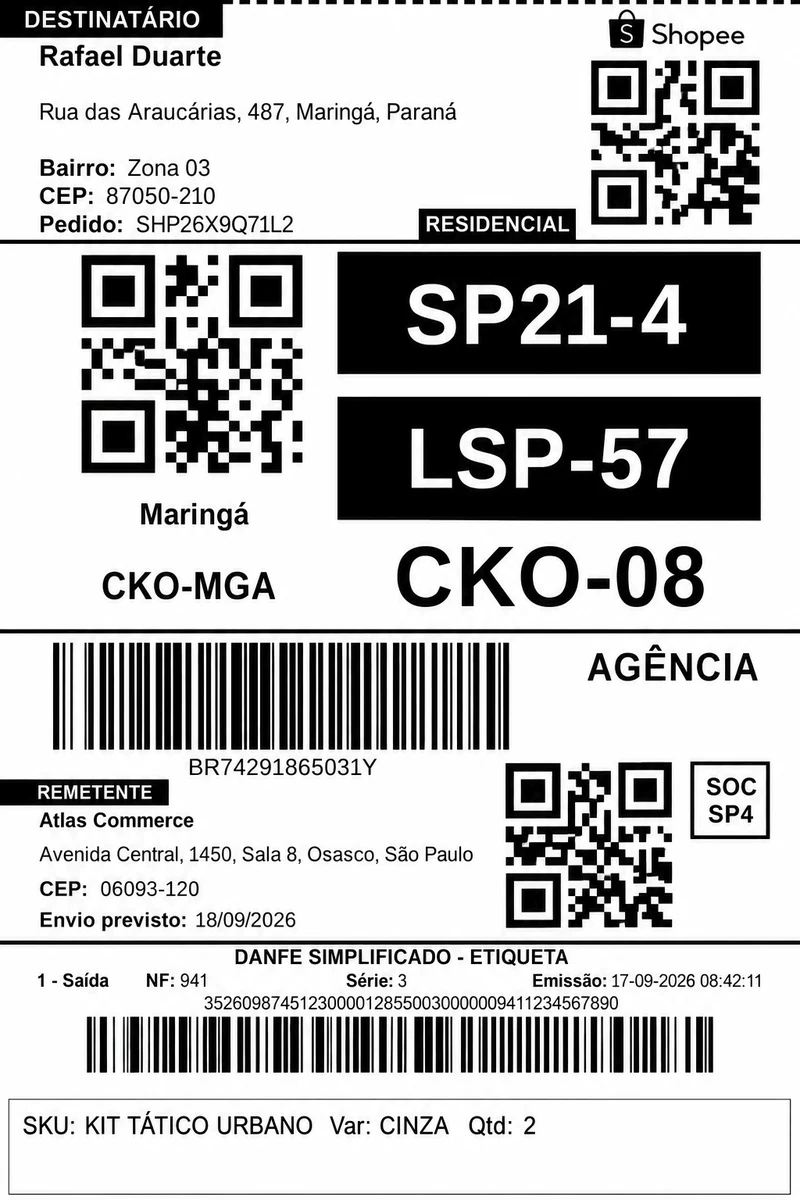 Etiqueta da Shopee convertida em 10×15 cm com a faixa de SKU, variação e quantidade no pé