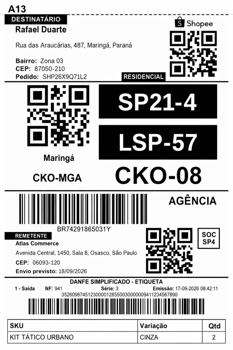 Etiqueta da Shopee em 10×15 cm com SKU, variação e quantidade no rodapé